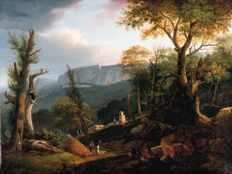 1792-Polydore Roux - Un vasto paesaggio montuoso con un artista che disegna su un pendio con fornelli a carbone
